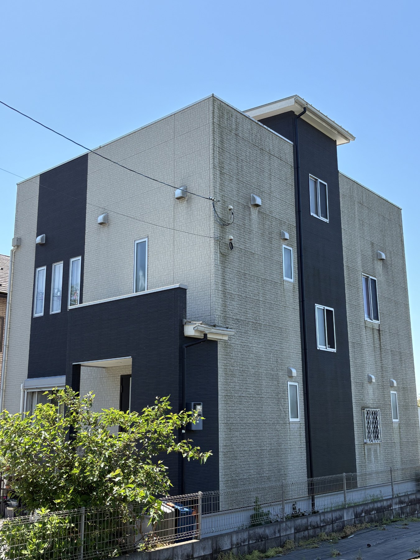 洗浄前：コケや黒ずみが付着した住宅の外壁