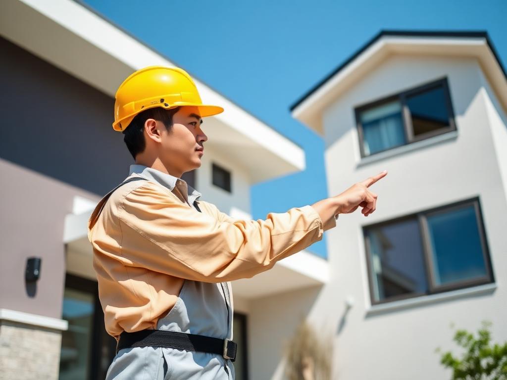 現地で外壁を確認する作業員